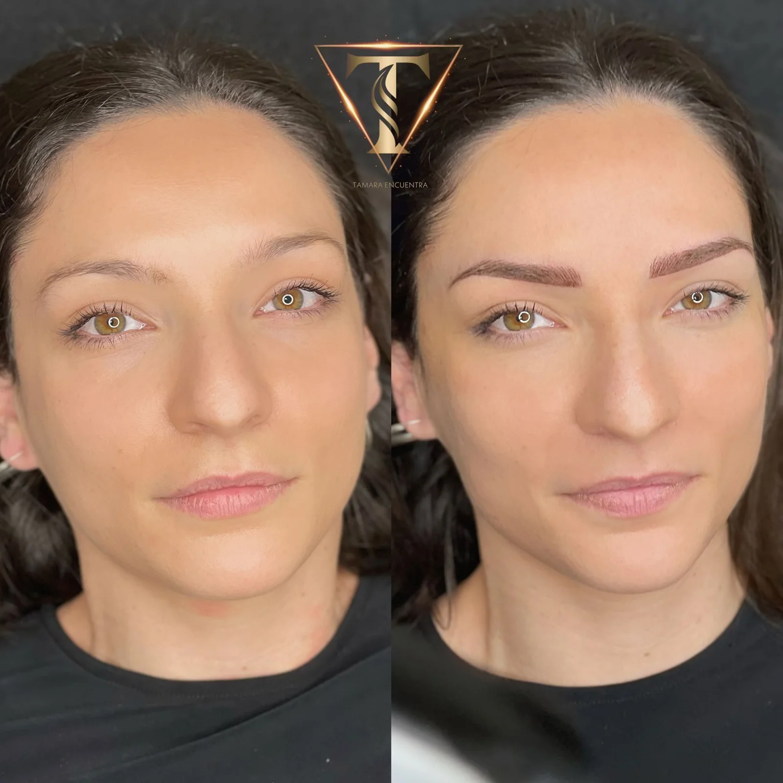 Antes y después de micropigmentación de cejas en mujer de ojos verdes, resultado natural