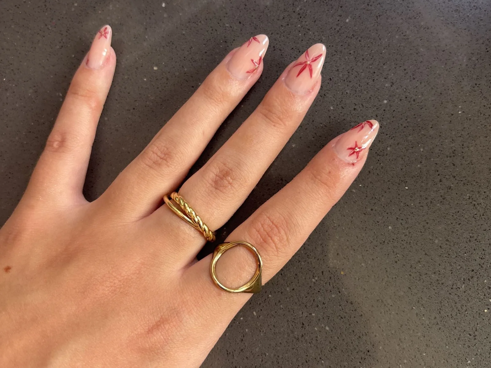 Mano con uñas almendradas nude y flores rojas pintadas a mano, anillos dorados